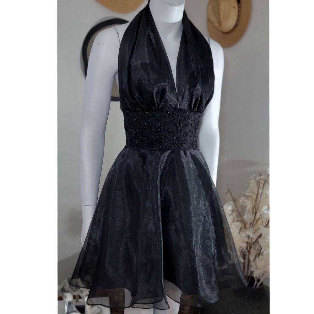 Vintage Up Beat Backless Halter Skater Black Chiffon Dress